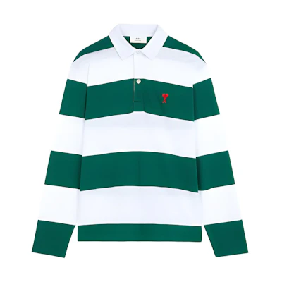 Ami Paris AMIPARIS Striped Long Sleeve Polo Shirt Cotton Knit White Green Fall A21HJ21175-301