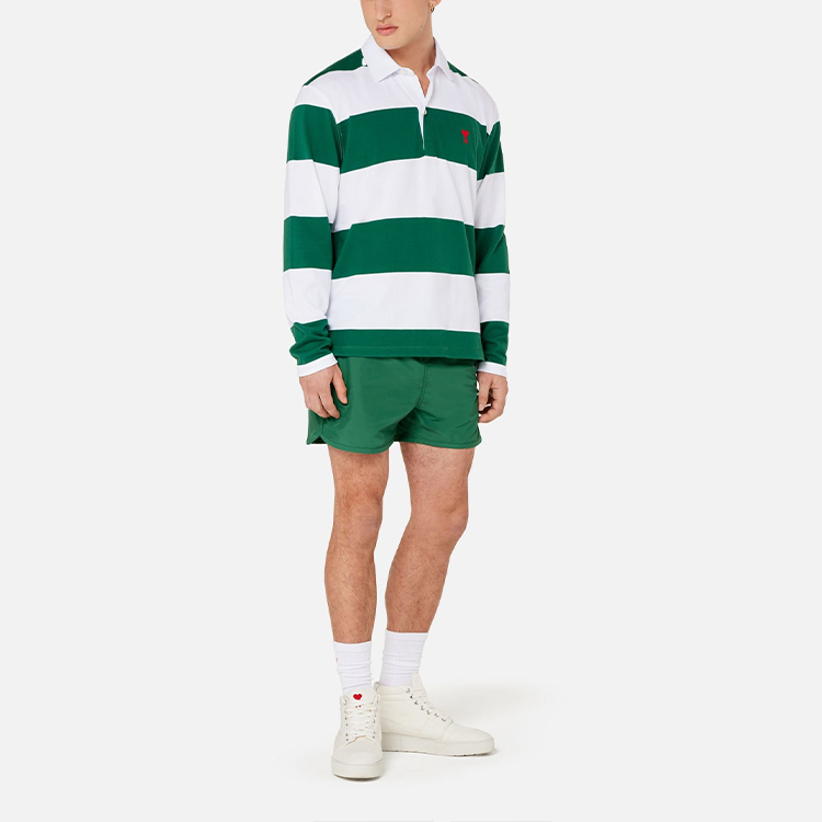 Lookbook Ami Paris Baju Polo Lengan Panjang Jalur Putih Hijau Kapas Knit Musim Luruh A21HJ21175-301