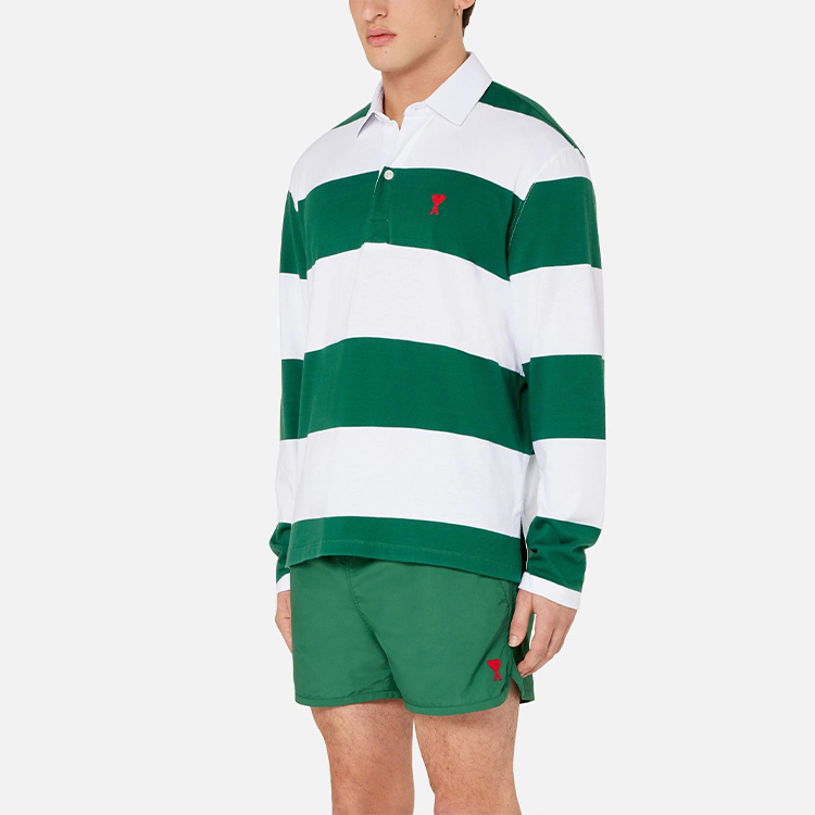 Purchase Ami Paris Baju Polo Lengan Panjang Jalur Putih Hijau Kapas Knit Musim Luruh A21HJ21175-301