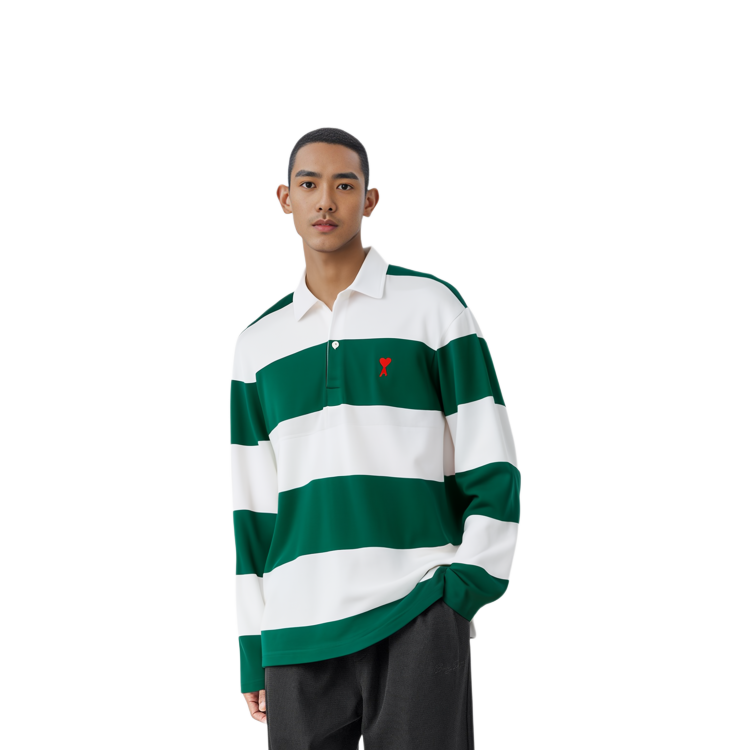 Details for Ami Paris Baju Polo Lengan Panjang Jalur Putih Hijau Kapas Knit Musim Luruh A21HJ21175-301