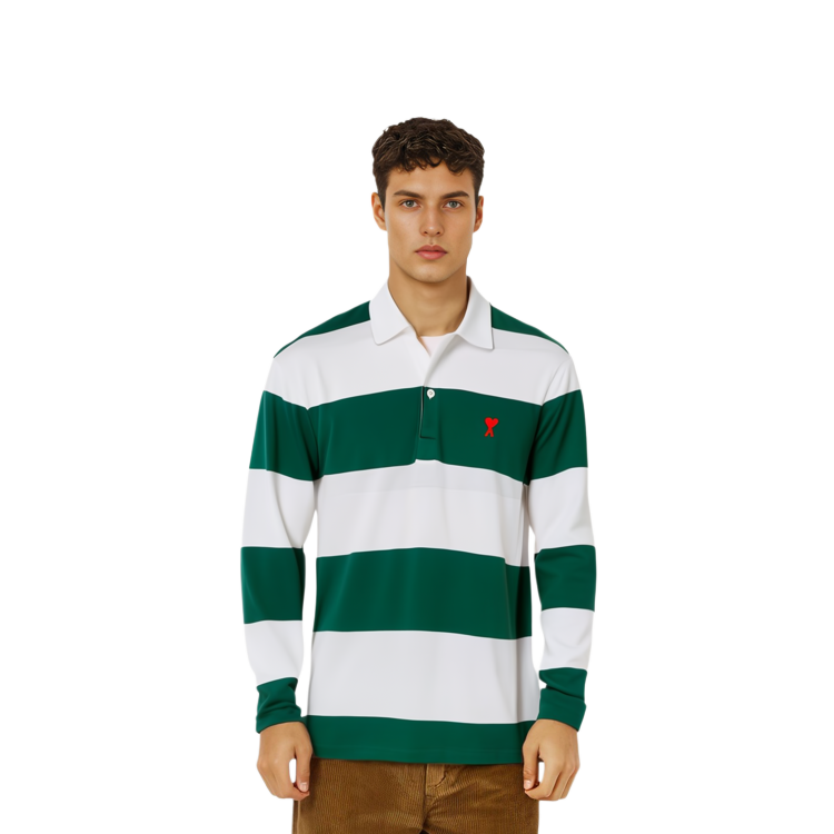 Sizing Ami Paris Baju Polo Lengan Panjang Jalur Putih Hijau Kapas Knit Musim Luruh A21HJ21175-301