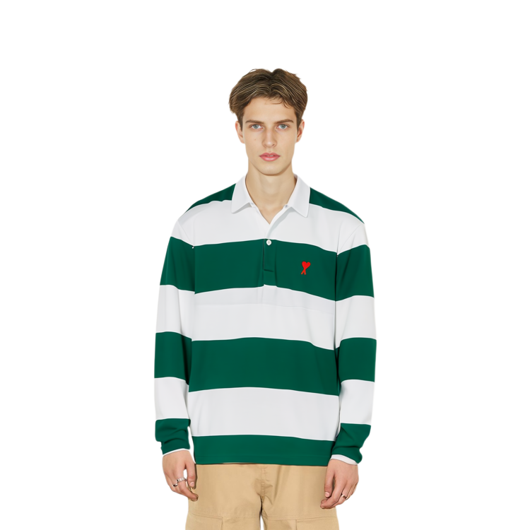 Cheap Ami Paris Baju Polo Lengan Panjang Jalur Putih Hijau Kapas Knit Musim Luruh A21HJ21175-301