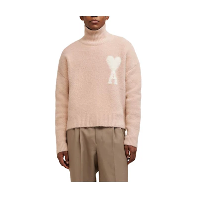 Ami Paris AMIPARIS Unisex Alpaca-Blend Cloud Turtleneck Sweater with Heart Logo in Pink. UKS425KN0032685