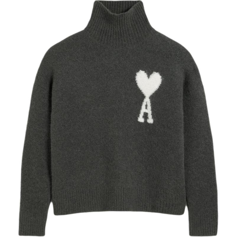 Ami Paris AMIPARIS Unisex Cloud Alpaca Wool Turtleneck Sweater with Heart Logo - Dark Grey UKS425KN0032-061
