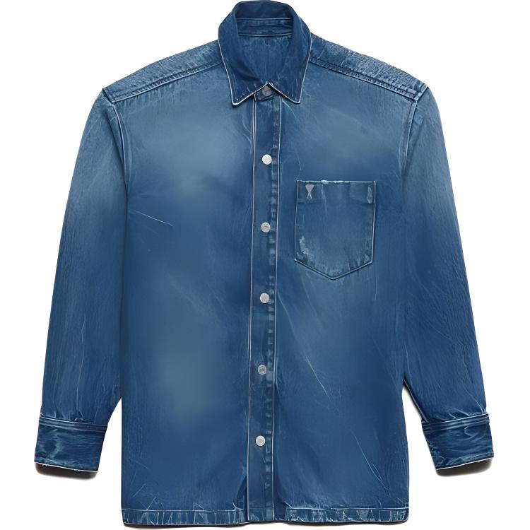Ami Paris AMIPARIS Unisex Denim Button-Up Long Sleeve Shirt with Pocket - Blue UJK251DE0016480