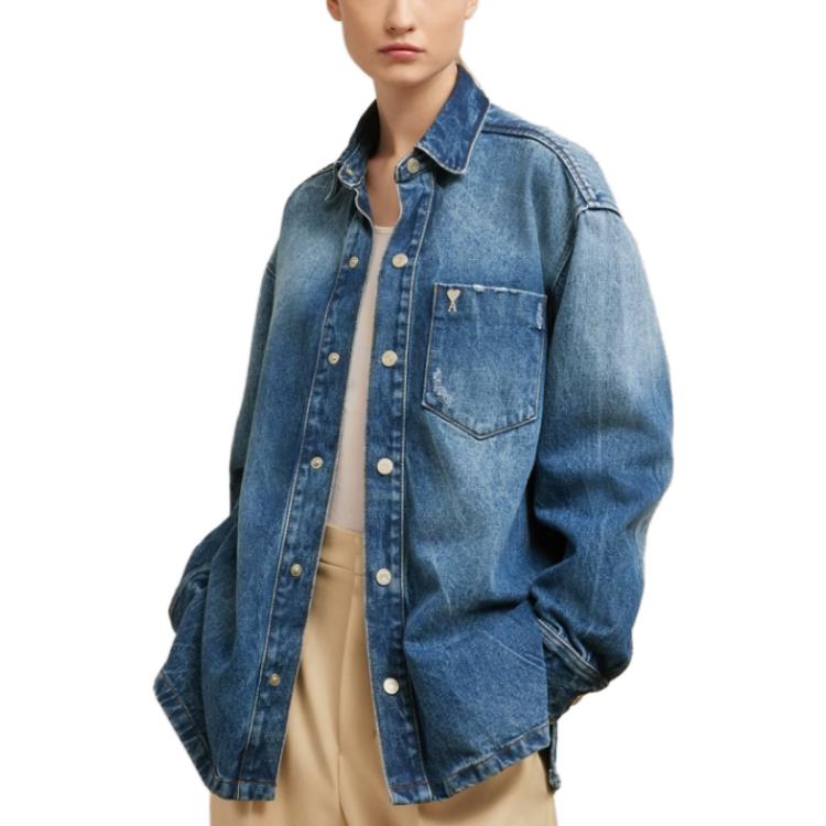 Shop Ami Paris AMIPARIS 男女藍色長袖牛仔襯衫帶口袋 UJK251DE0016480
