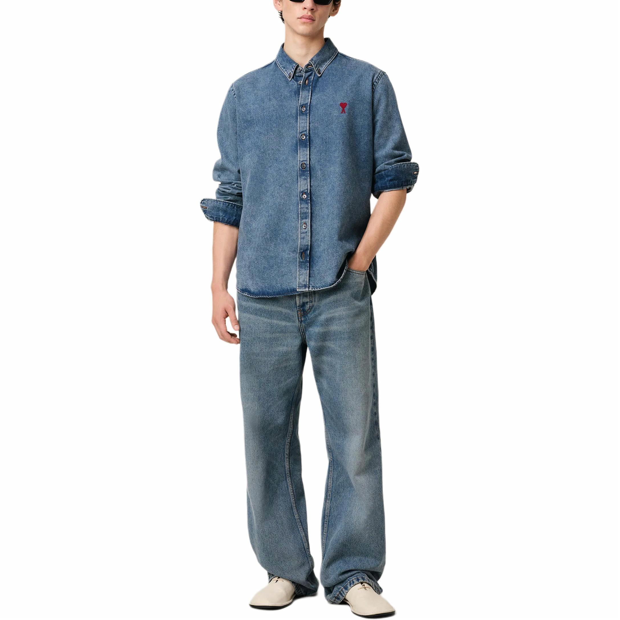 Lookbook Ami Paris AMIPARIS 男女款靛藍刺繡領長袖襯衫 USH063DE0056-480