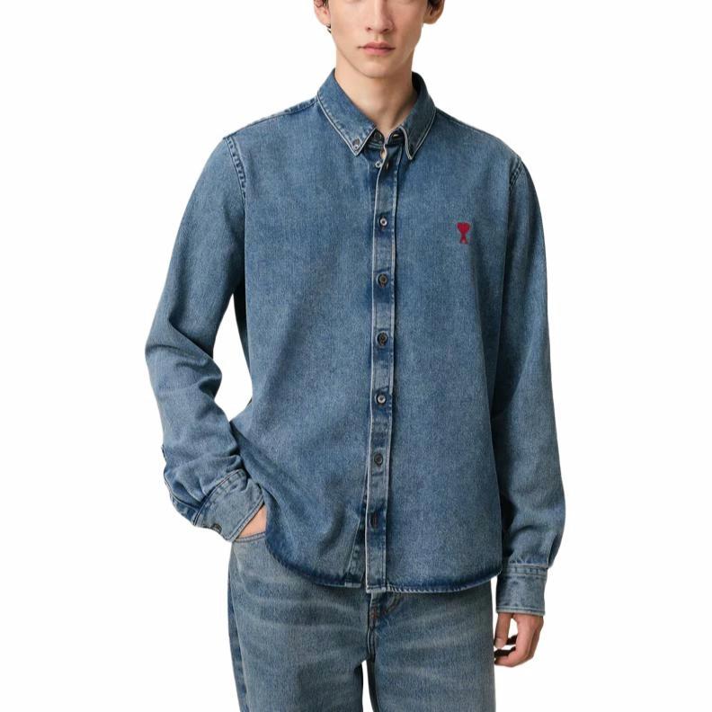 Shop Ami Paris AMIPARIS 男女款靛藍刺繡領長袖襯衫 USH063DE0056-480