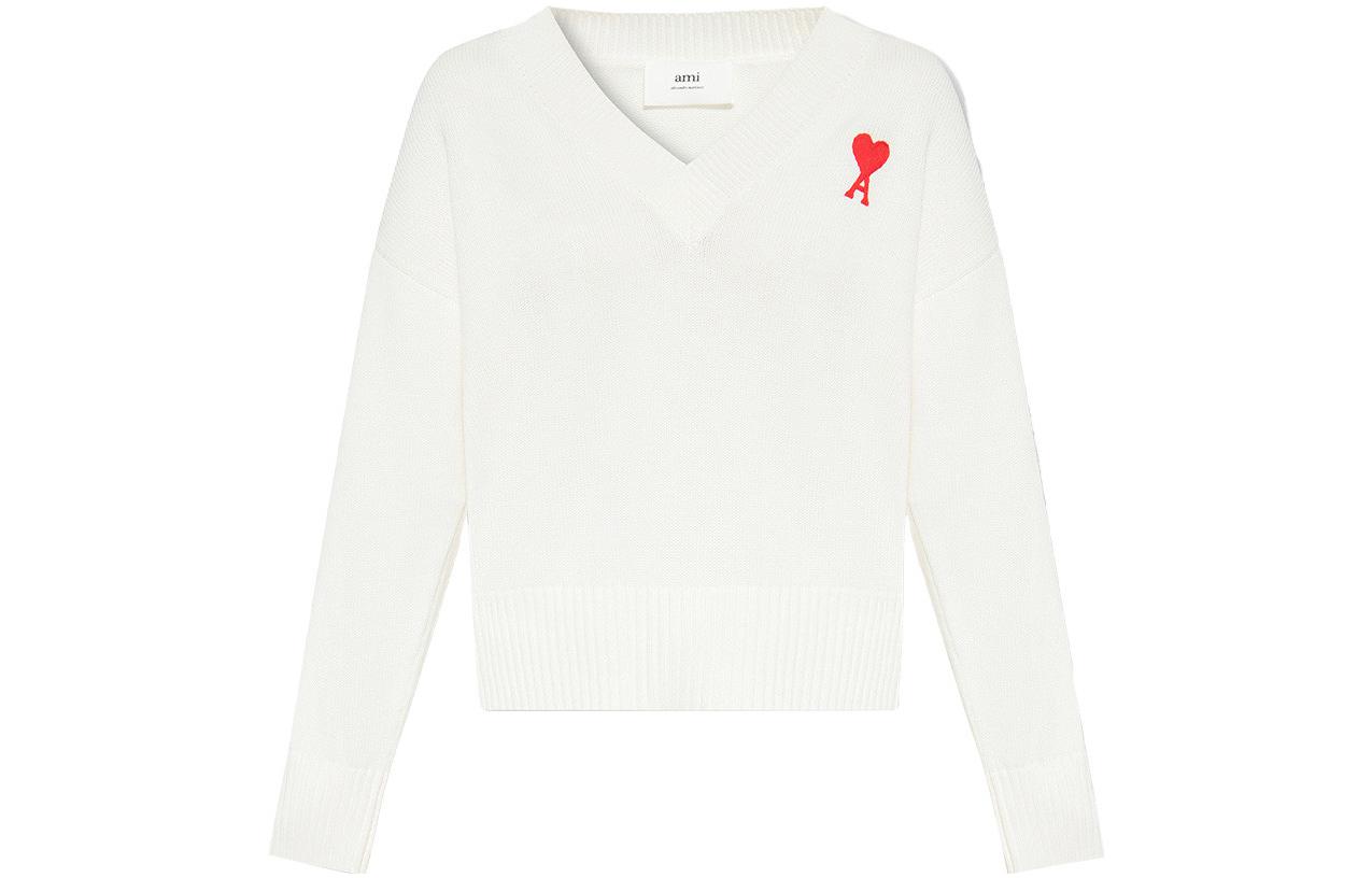 Ami Paris AMIPARIS Unisex White V-Neck Cotton Wool Blend Knit Sweater. UKS208016-175