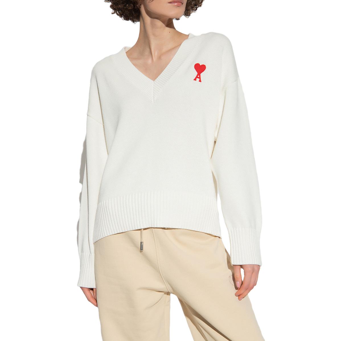 Ami Paris AMIPARIS Unisex White V-Neck Cotton Wool Blend Knit Sweater. UKS208016-175 圖 3