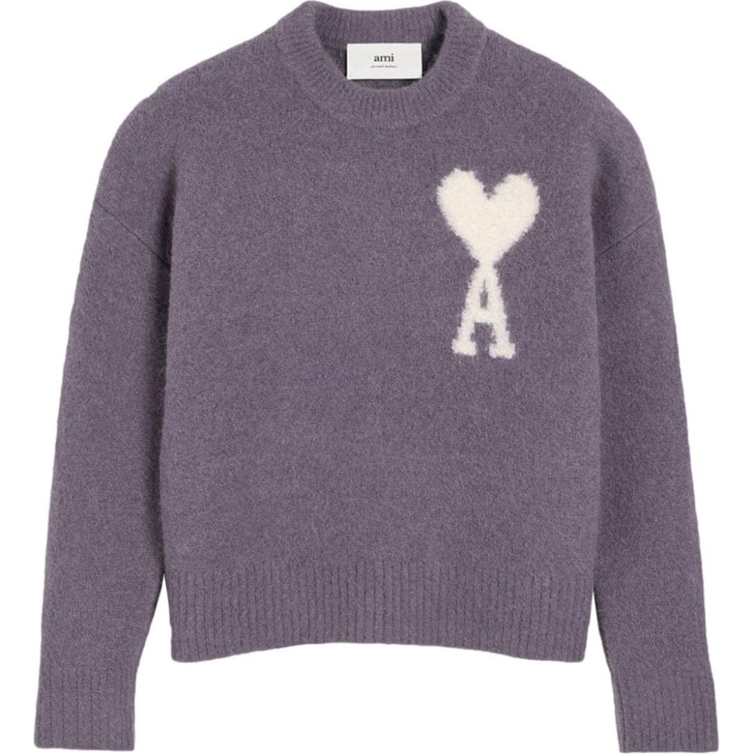 Ami Paris AMIPARIS White Heart Embroidery Crewneck Cloud Knit Sweater Unisex Purple. UKS025KN0032-PURPLE