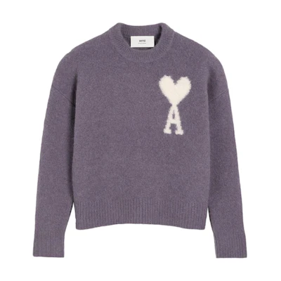 Ami Paris AMIPARIS White Heart Embroidery Crewneck Cloud Knit Sweater Unisex Purple. UKS025KN0032-PURPLE