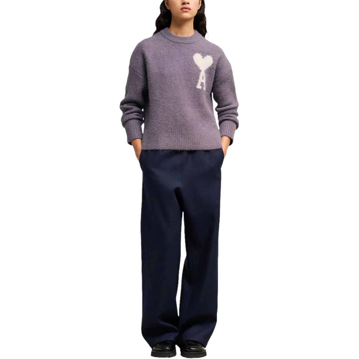 Lookbook Ami Paris 白色愛心刺繡紫色雲紋編織圓領毛衣 男女款 UKS025KN0032-PURPLE