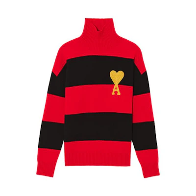 Ami Paris AMIPARIS Year of Tiger Heart Logo Striped Wool Turtleneck Sweater Red . UKS417-018-009
