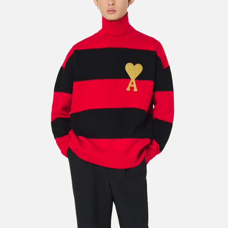Ami Paris AMIPARIS Year of Tiger Heart Logo Striped Wool Turtleneck Sweater Red . UKS417-018-009 圖 3