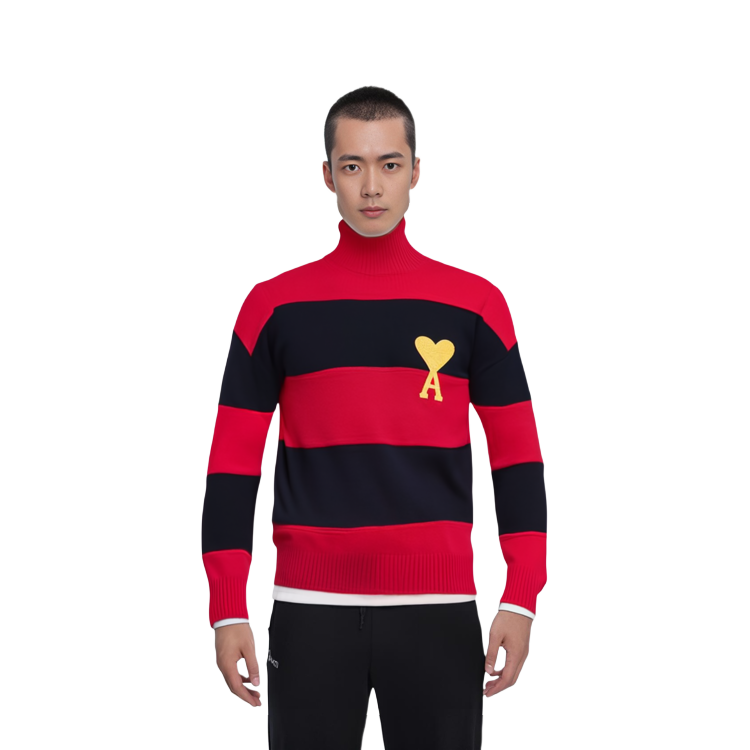 Ami Paris AMIPARIS Year of Tiger Heart Logo Striped Wool Turtleneck Sweater Red . UKS417-018-009 圖 6