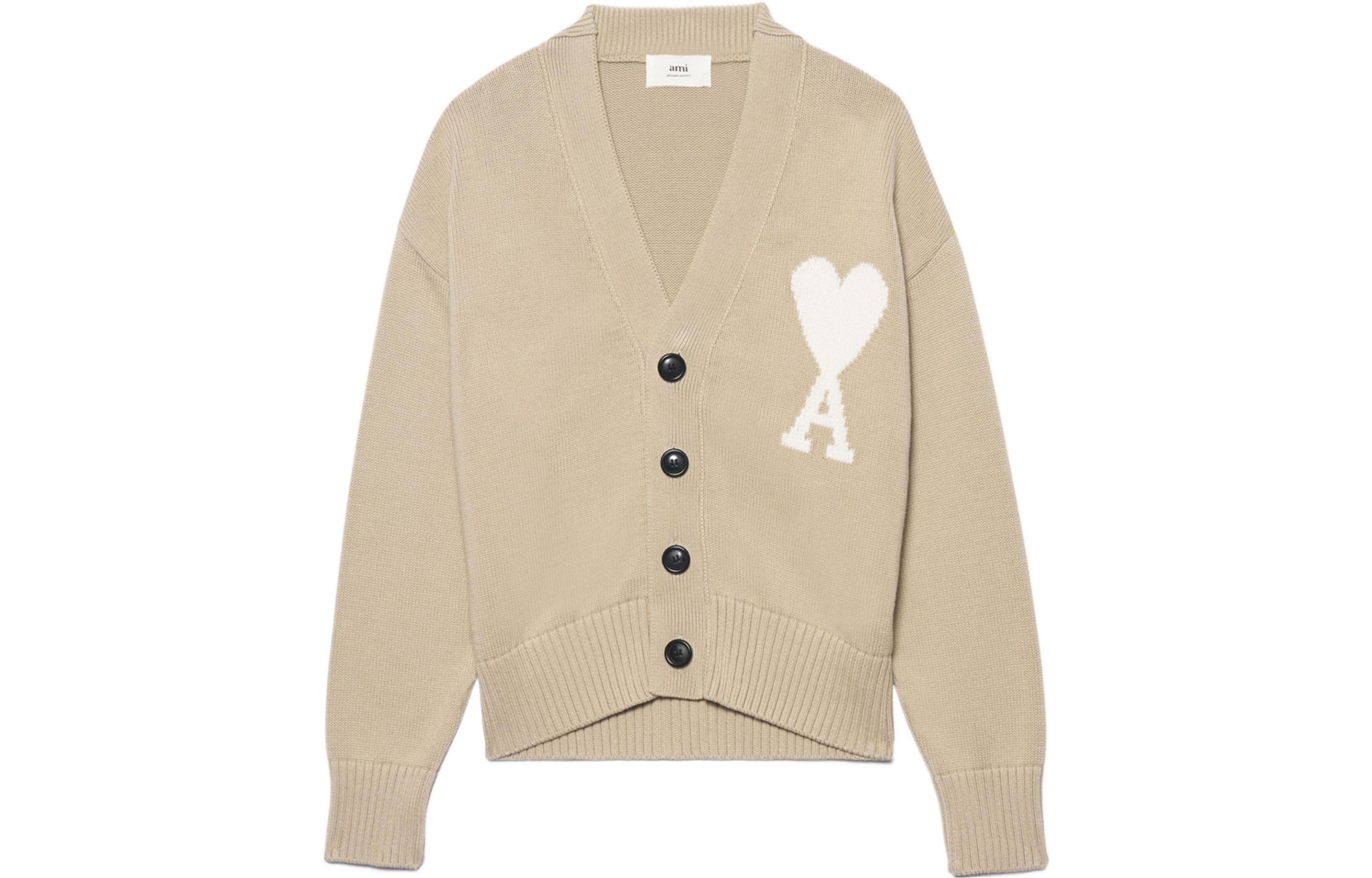 AMI Paris Big Heart Logo V-Neck Knit Cardigan Unisex - Khaki UKC003-016252 圖 2