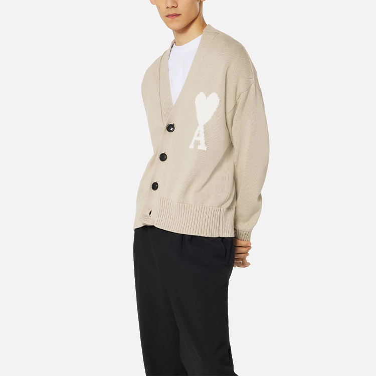 AMI Paris Big Heart Logo V-Neck Knit Cardigan Unisex - Khaki UKC003-016252 圖 5