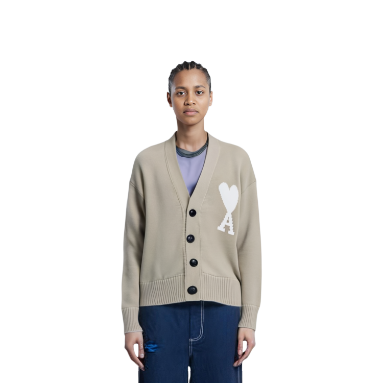 AMI Paris Big Heart Logo V-Neck Knit Cardigan Unisex - Khaki UKC003-016252 圖 6
