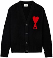 AMI Paris Big Heart Logo Wool Oversized V-Neck Cardigan Sweater Black Men H21K303018-001 AMI Paris Big Heart Logo Wool Oversized V-Neck Cardigan Sweater Black Men H21K303018-001