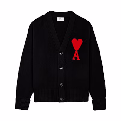 AMI Paris Big Heart Logo Wool Oversized V-Neck Cardigan Sweater Black Men H21K303018-001