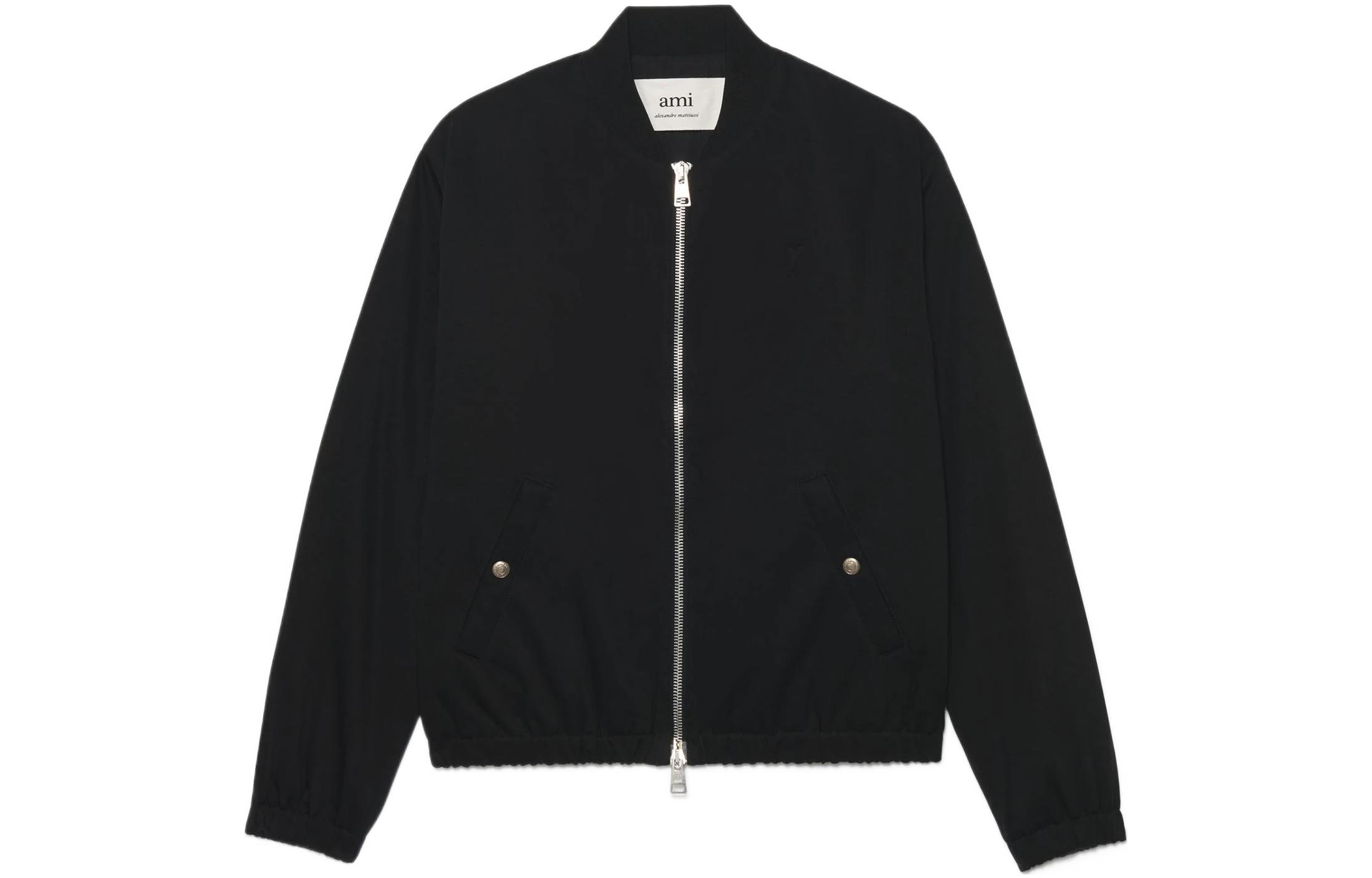 AMI PARIS Black Logo Embroidered Zip-Up Bomber Jacket Fall Edition HJK023-481001