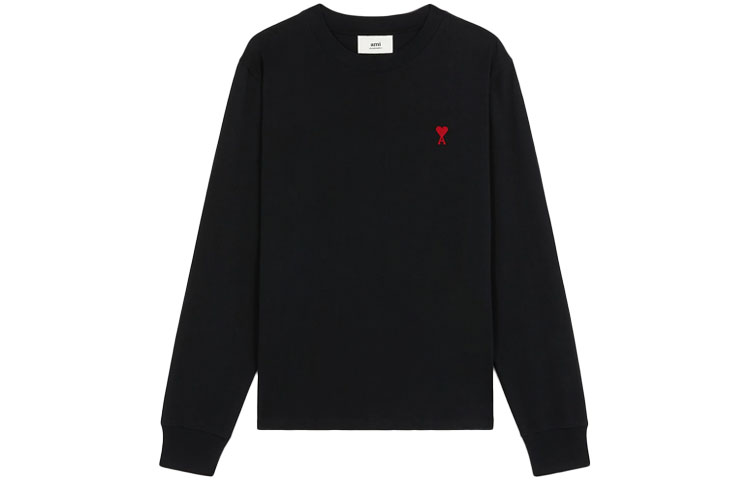 AMI PARIS Black Long Sleeve T-Shirt with Red Heart Embroidery  Fit. A21HJ005701-001