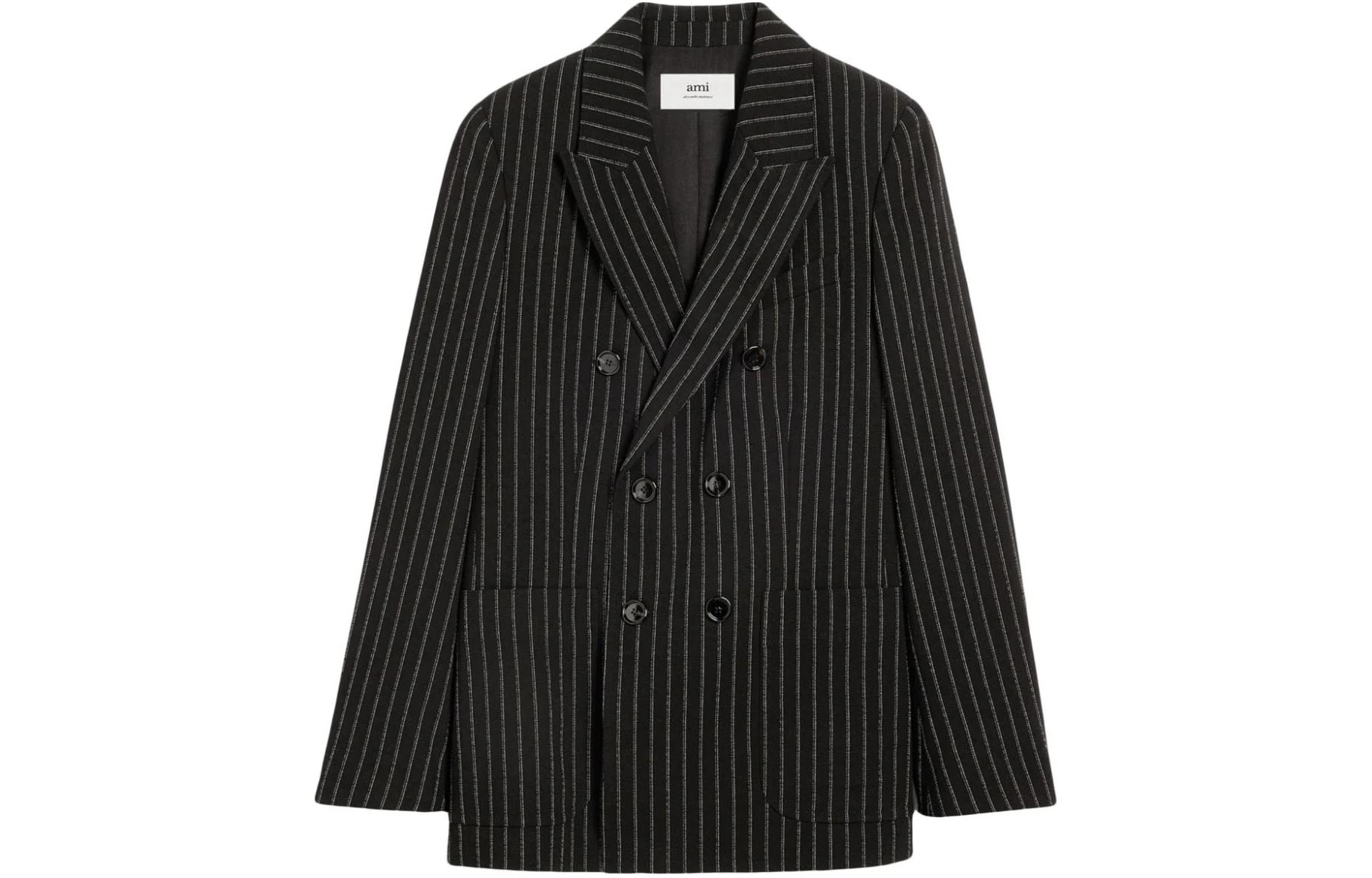 AMI PARIS Black Pinstripe Double-Breasted Loose-Fit Jacket HBV207WV00400-013