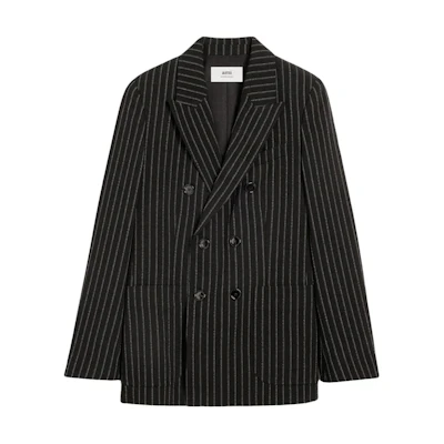 AMI PARIS Black Pinstripe Double-Breasted Loose-Fit Jacket HBV207WV00400-013