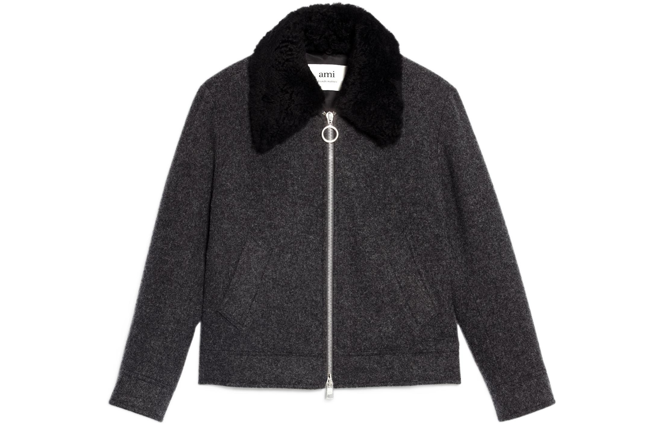 AMI PARIS Black Wool Blend Colorblock Zip Jacket with Wide Lapels HJK044-277050