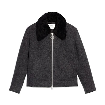 AMI PARIS Black Wool Blend Colorblock Zip Jacket with Wide Lapels HJK044-277050