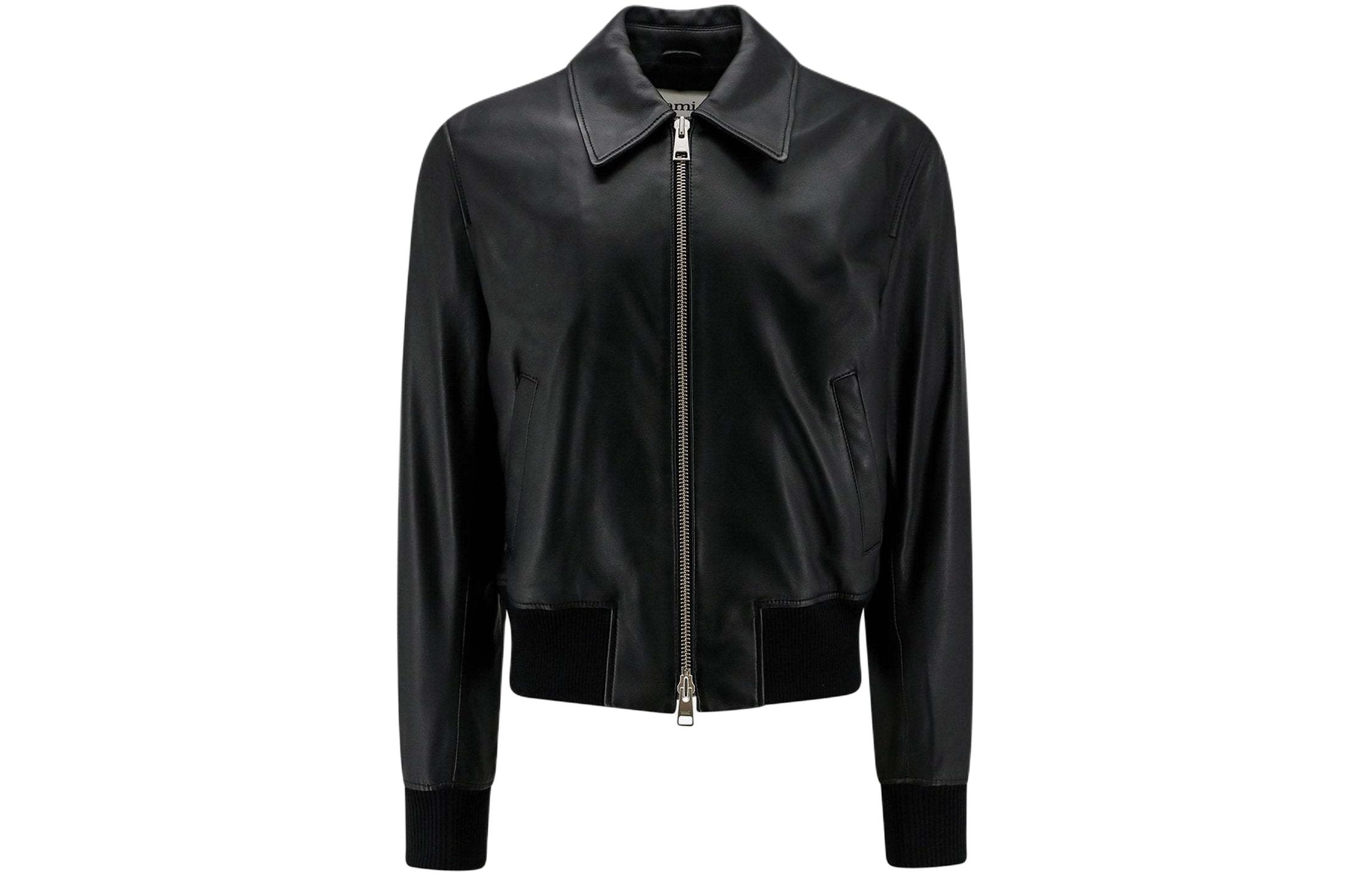 AMI PARIS Black Zip-Up Collared Loose-Fit Jacket UJK028LH0029-001