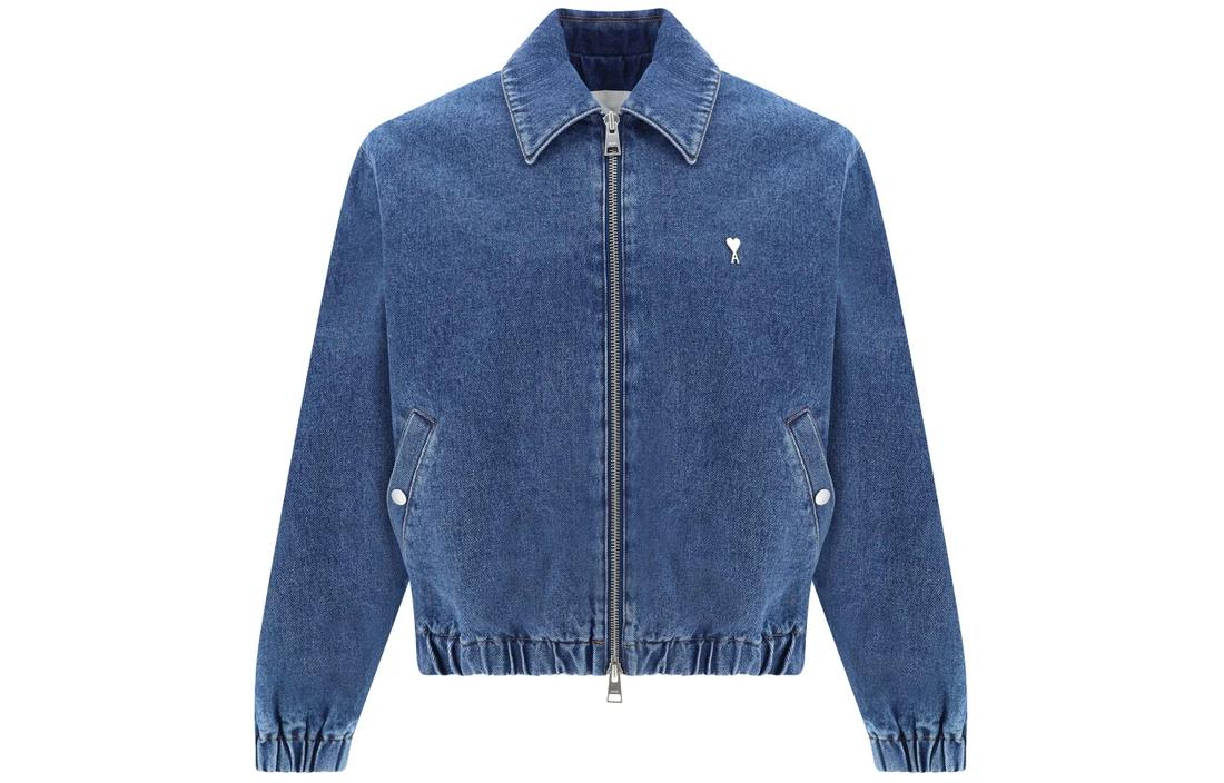 AMI PARIS Blue Denim Jacket with Heart Embroidery and Zipper HJK014DE0025-480