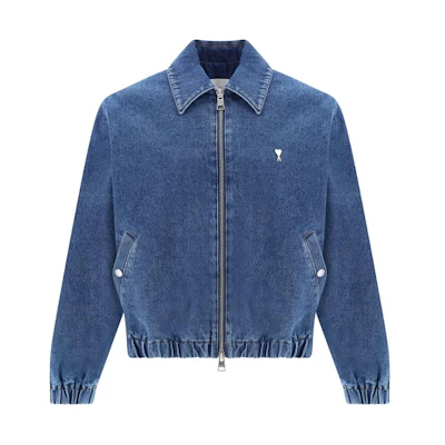 AMI PARIS Blue Denim Jacket with Heart Embroidery and Zipper HJK014DE0025-480