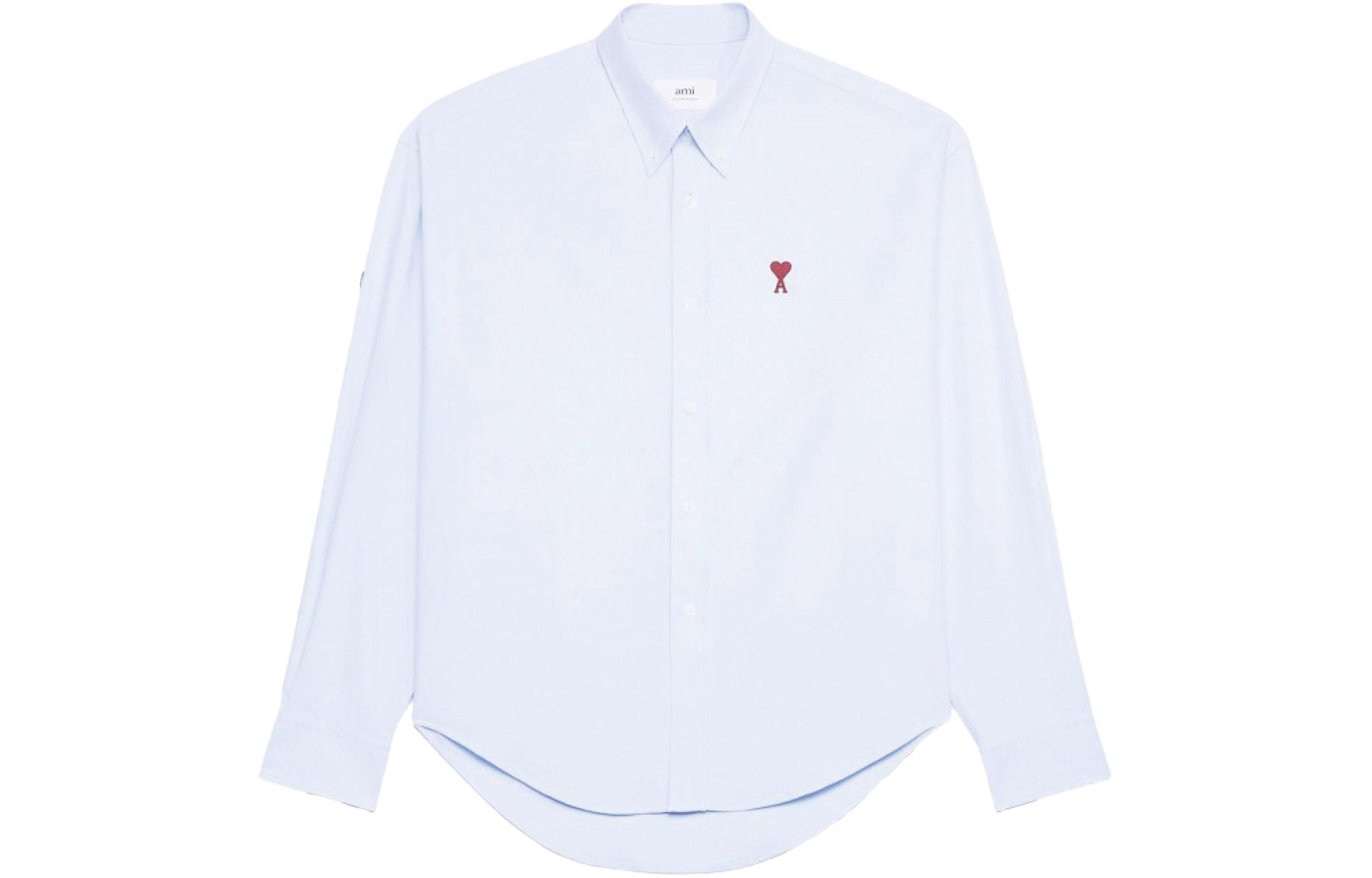 AMI PARIS Blue Heart Embroidery Long Sleeve Button-Up Shirt for Men BFUSH130CO0031-450