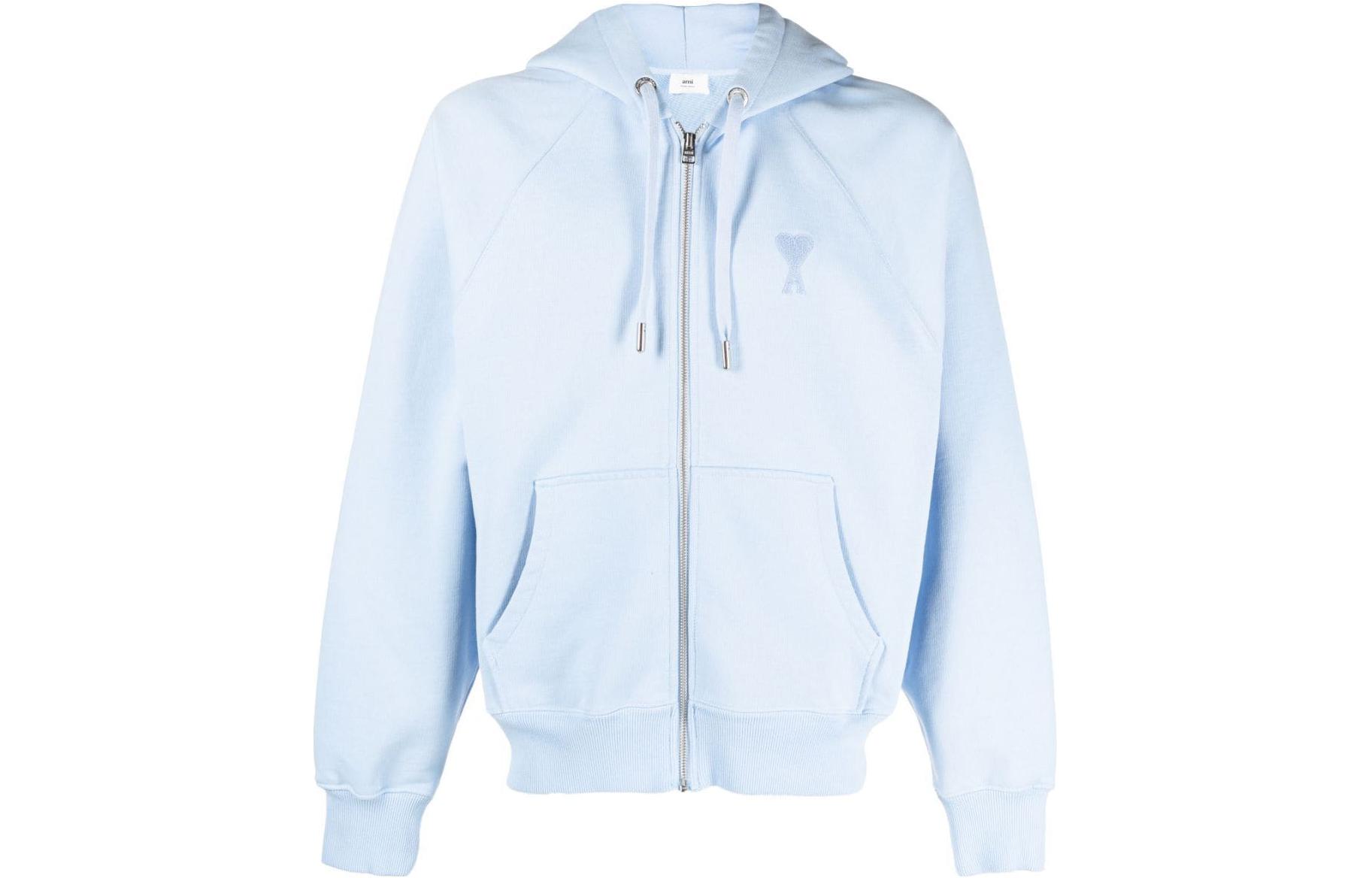 AMI PARIS Blue Hoodie with Heart Logo Embroidery and Zipper USW404747-464