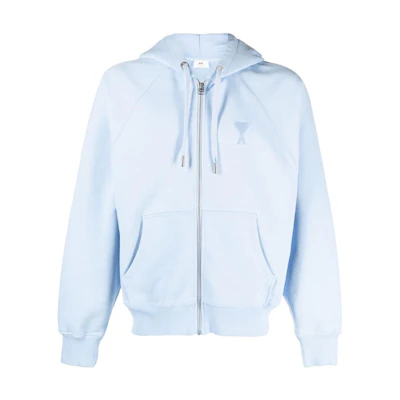 AMI PARIS Blue Hoodie with Heart Logo Embroidery and Zipper USW404747-464