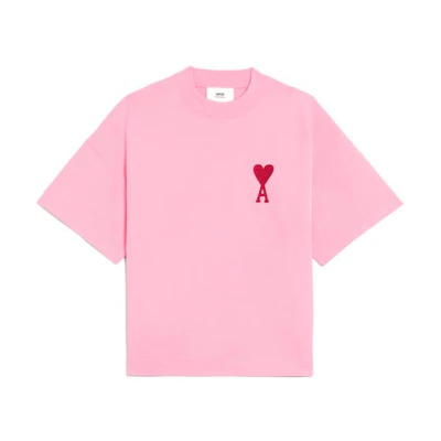 AMI Paris Capsule Pink T-Shirt Unisex with Red Heart Geometric Design. SPEUTS014726-650