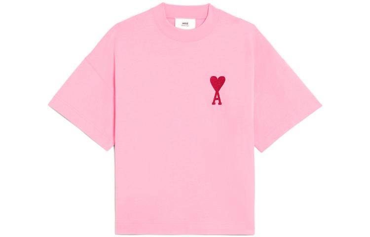 Order AMI Paris Baju Pink Unisex dengan Rekaan Geometri Hati Merah. SPEUTS014726-650