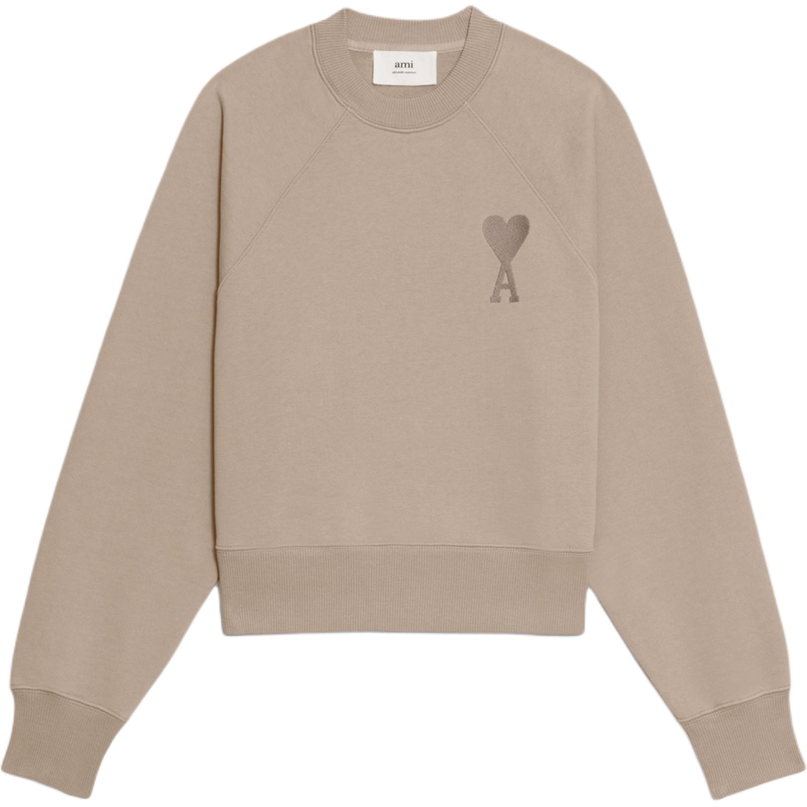 AMI PARIS Classic Heart Embroidered Cotton Sweatshirt Khaki Unisex Casual Wear USW002-747-9-267