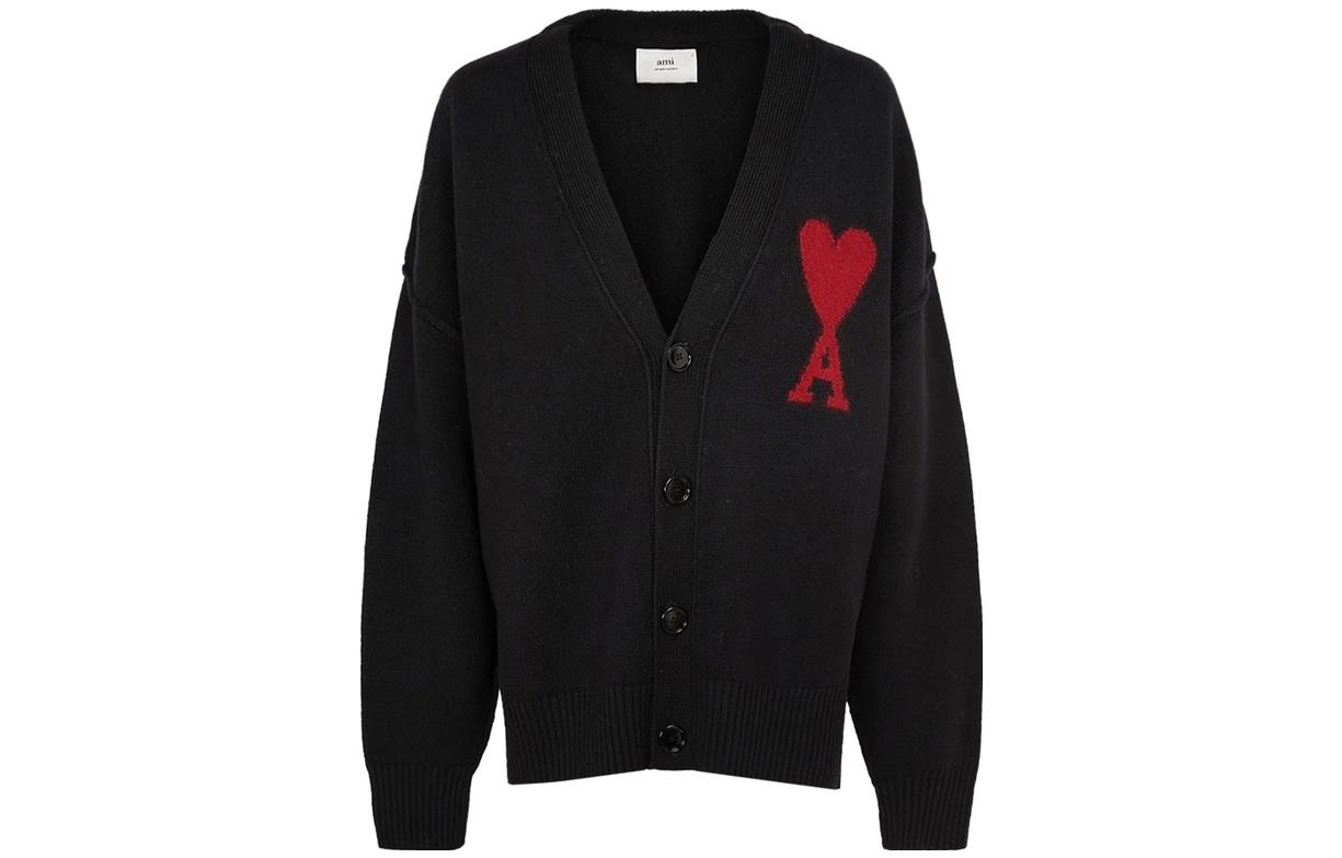 AMI PARIS Classic Heart Logo V-Neck Cardigan Sweater Unisex Black. BFUKC006018-009