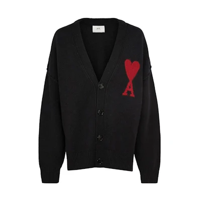 AMI PARIS Classic Heart Logo V-Neck Cardigan Sweater Unisex Black. BFUKC006018-009