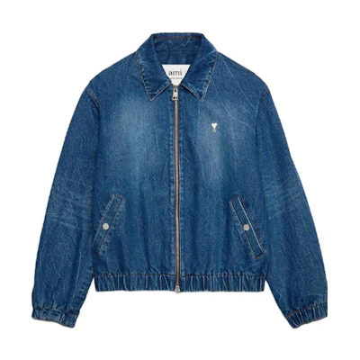 AMI PARIS Denim Zip Jacket with Elastic Hem - Blue HJK014DE0016-480