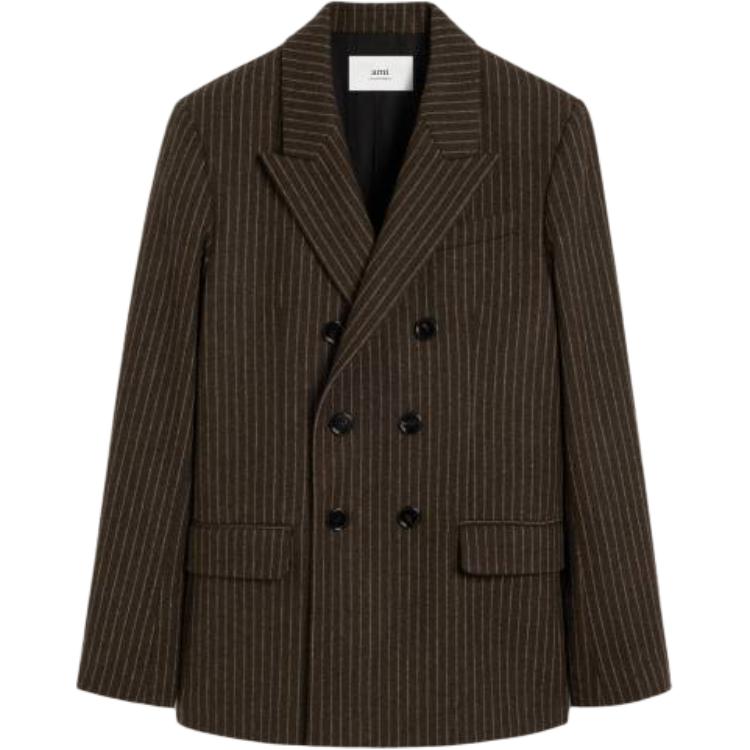 AMI PARIS Double-Breasted Striped Blazer Jacket - Dark Brown HBV217WV00482-007