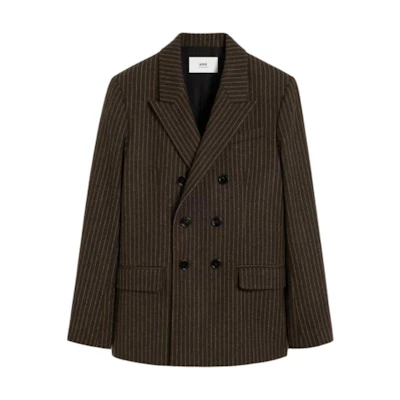 AMI PARIS Double-Breasted Striped Blazer Jacket - Dark Brown HBV217WV00482-007