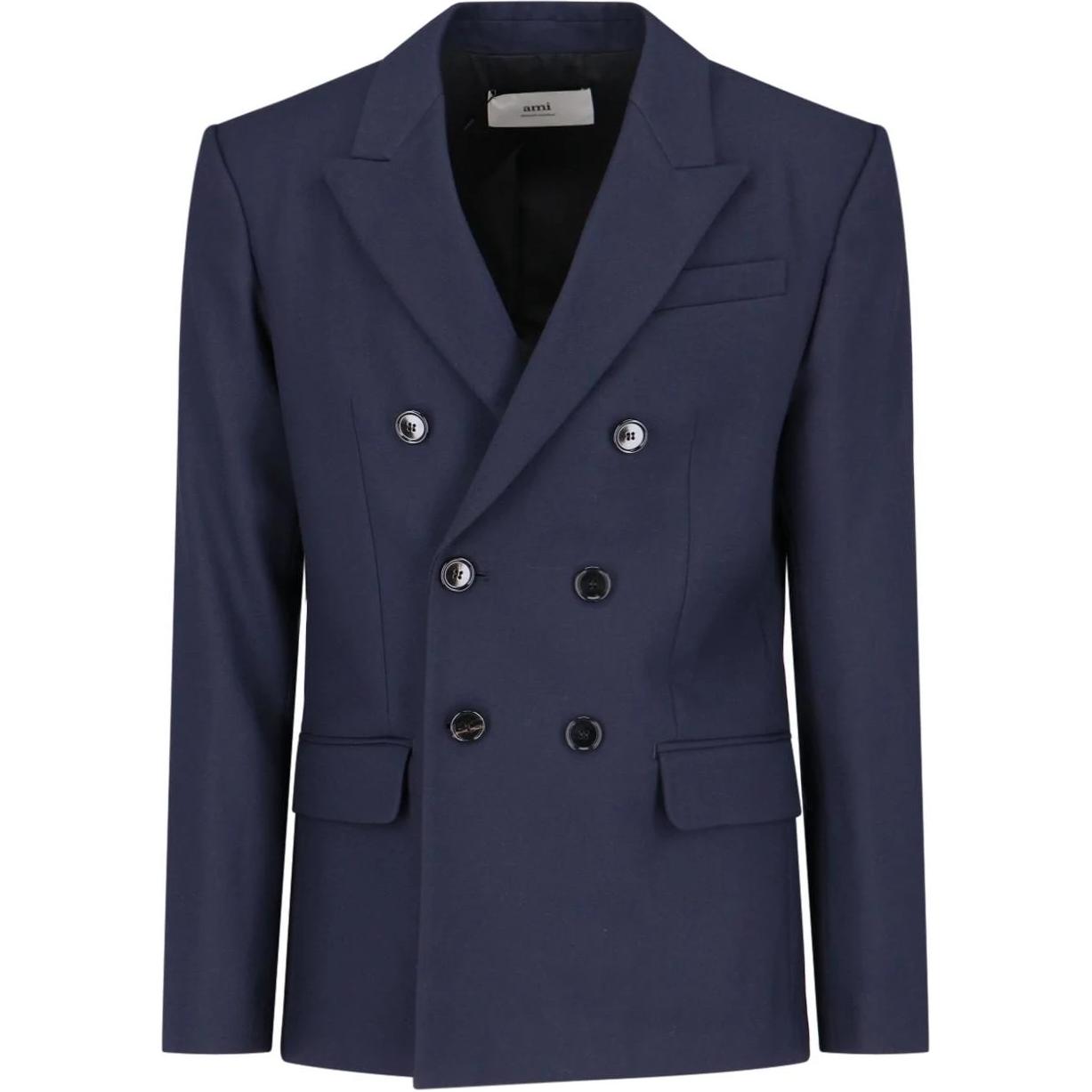 AMI PARIS Double-Breasted V-Neck Jacket Blue HBV217WV00264-011