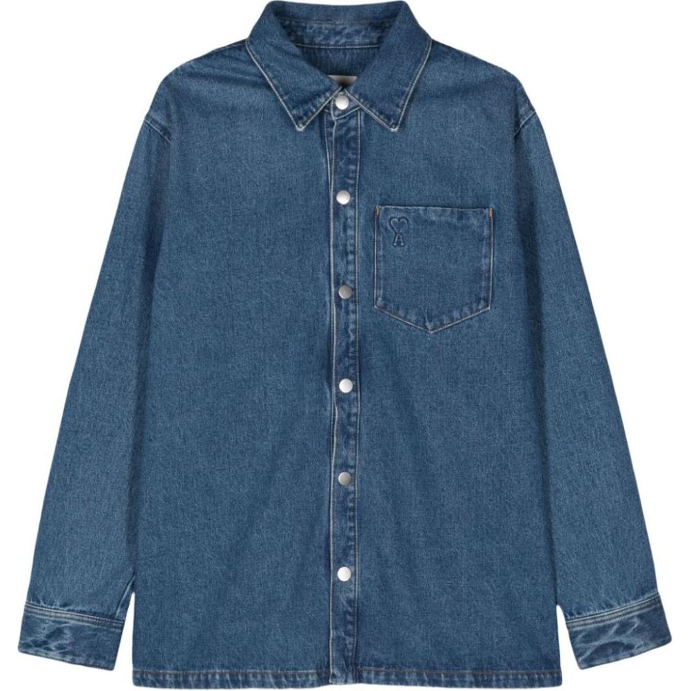 AMI Paris Embossed Logo Straight Hem Denim Jacket Blue -  Long Sleeve. UJK261DE0031-BLUE