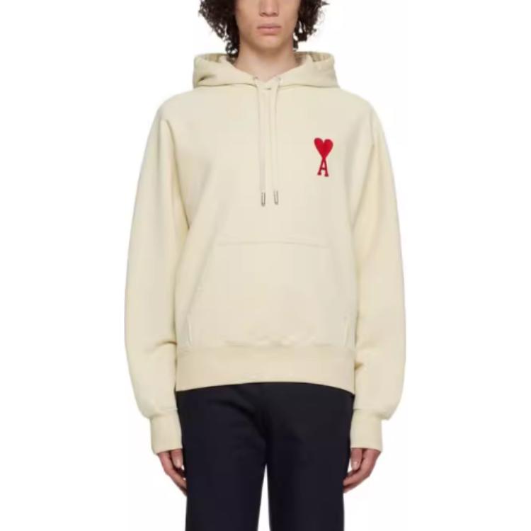 AMI PARIS Embroidered Logo Beige Hoodie Men’s Long Sleeve Pullover USW222747100-150