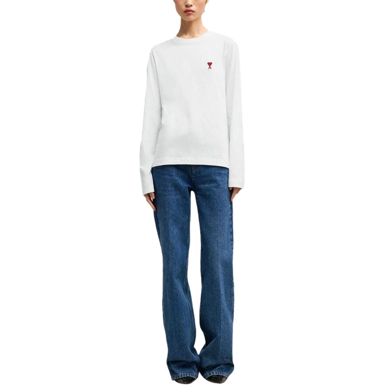 Shop AMI PARIS 刺绣标志白色长袖圆领男女同款T恤 BFUTS235724-WHITE