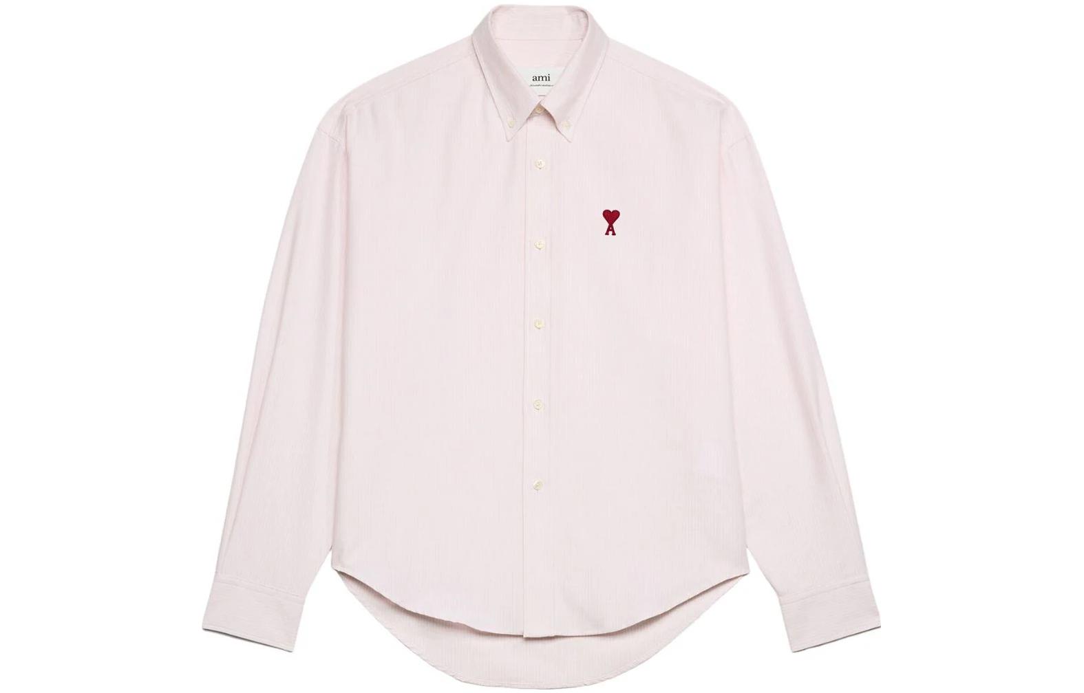 AMI PARIS Embroidered Pocket Cotton Long Sleeve Shirt Unisex Light Pink H23USH130CO0021